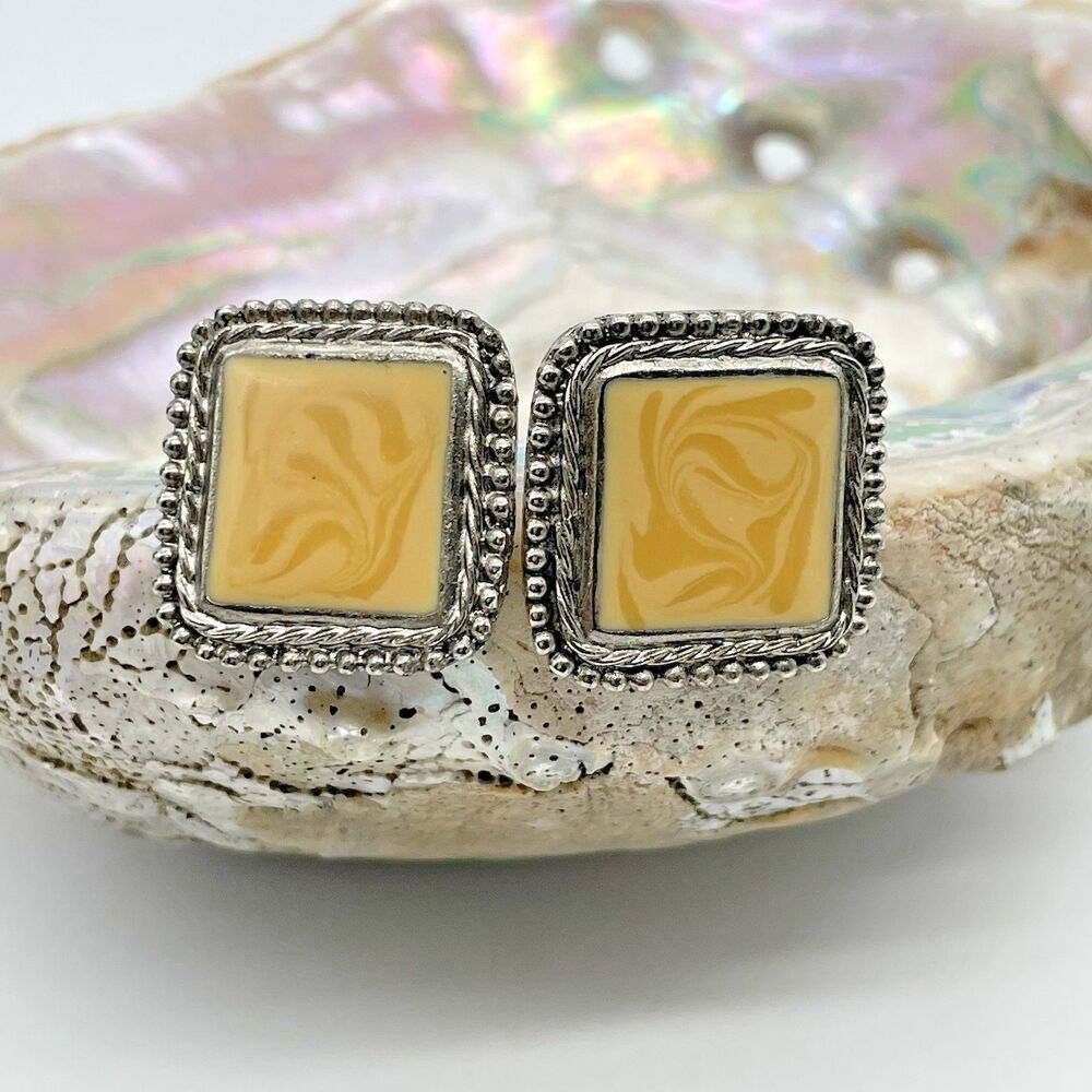 Vintage Pisces Signed 1980s Modernist Statement Earrings Yellow Thermoset 1"